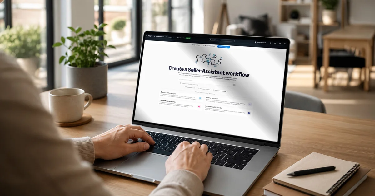 Someone builds a Seller Assistant workflow on a laptop, in the official image from Amazon's Accelerate 2026 announcement