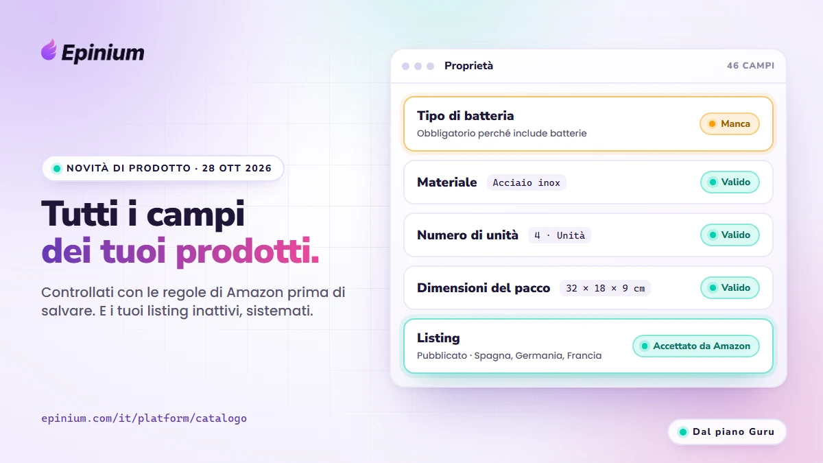 Novità di prodotto di Epinium del 28 ottobre 2026: la scheda Proprietà con tutti i campi di un prodotto Amazon e i suoi problemi segnalati
