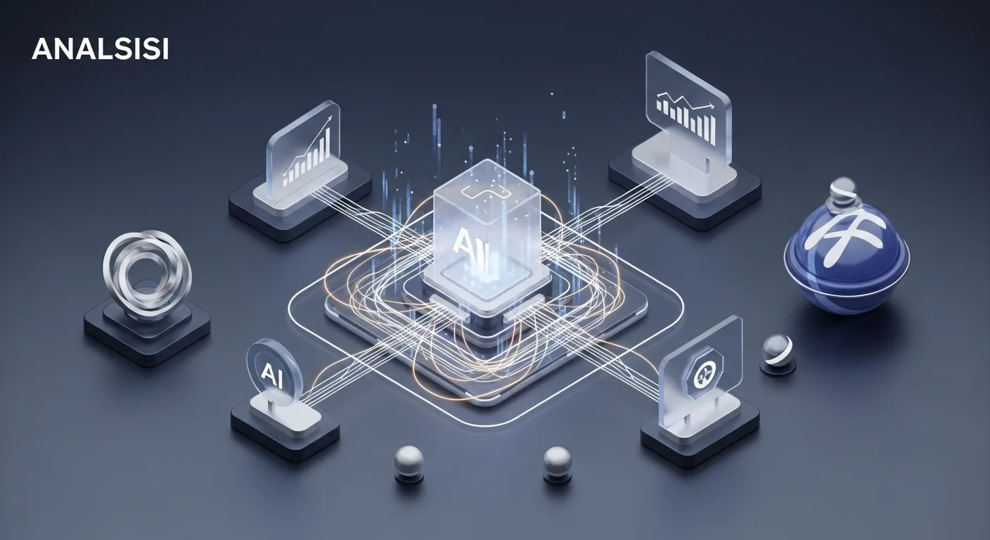 Abstrakte digitale 3D-Landschaft mit leuchtenden geometrischen Elementen und Datenflüssen für KI im E-Commerce.