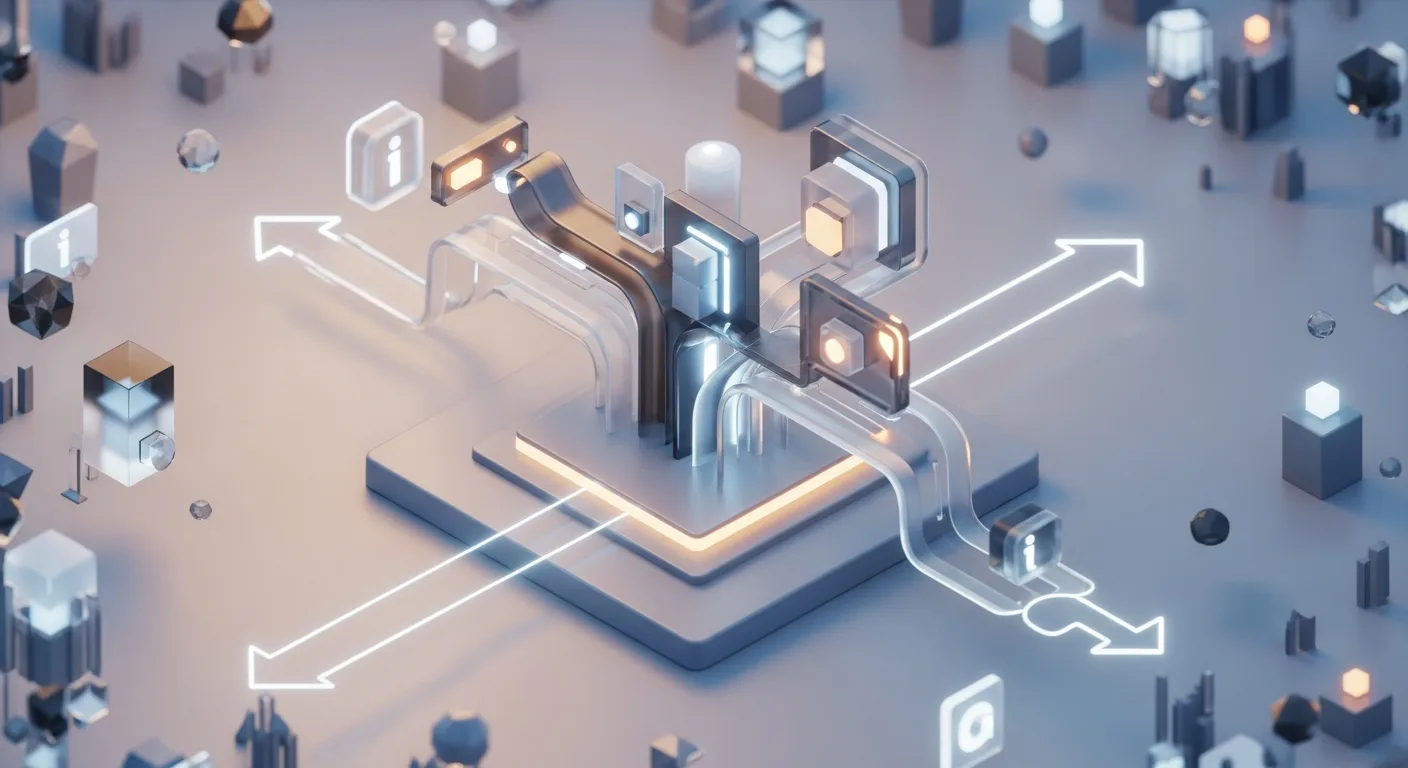 Formes géométriques 3D lumineuses et interconnectées, représentant l'avenir de l'optimisation des moteurs de recherche (SEO).