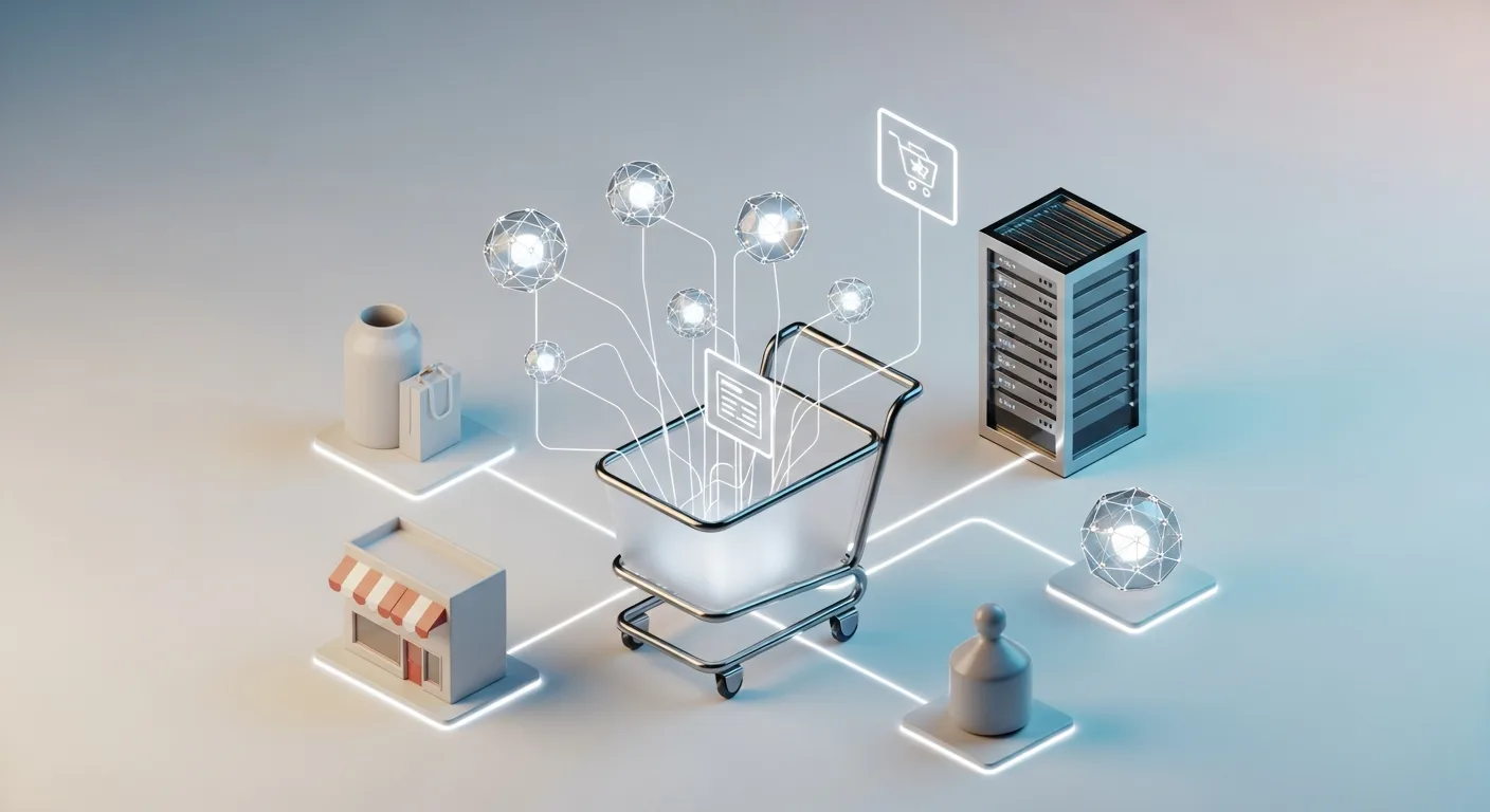 Isometrische 3D-Illustration: Vernetzte Formen für Daten, KI und Agentic Commerce im Handel.
