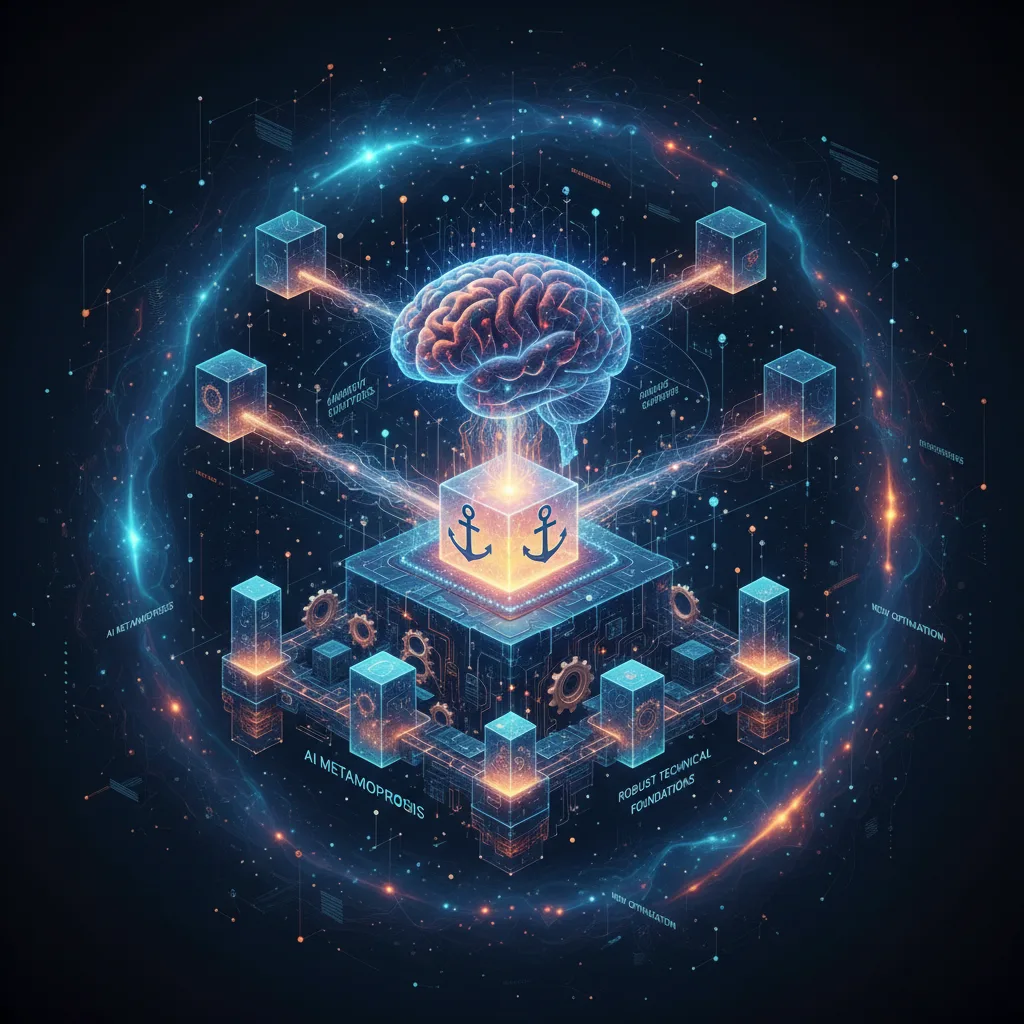 Illustration 3D isométrique abstraite : formes lumineuses connectées, symbolisant l'IA générative et son impact sur le SEO.