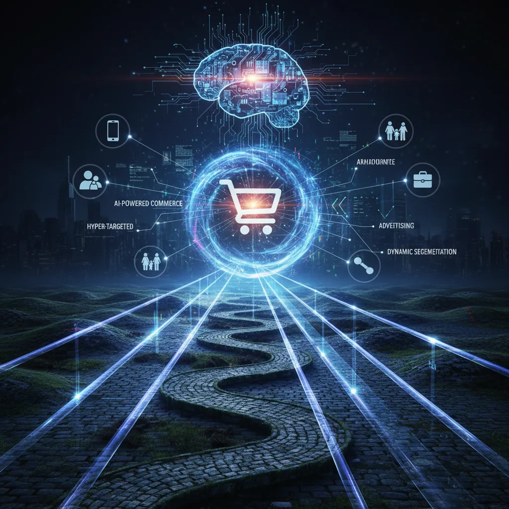 Illustration 3D isométrique abstraite : des flux de données lumineux pour une publicité intelligente.