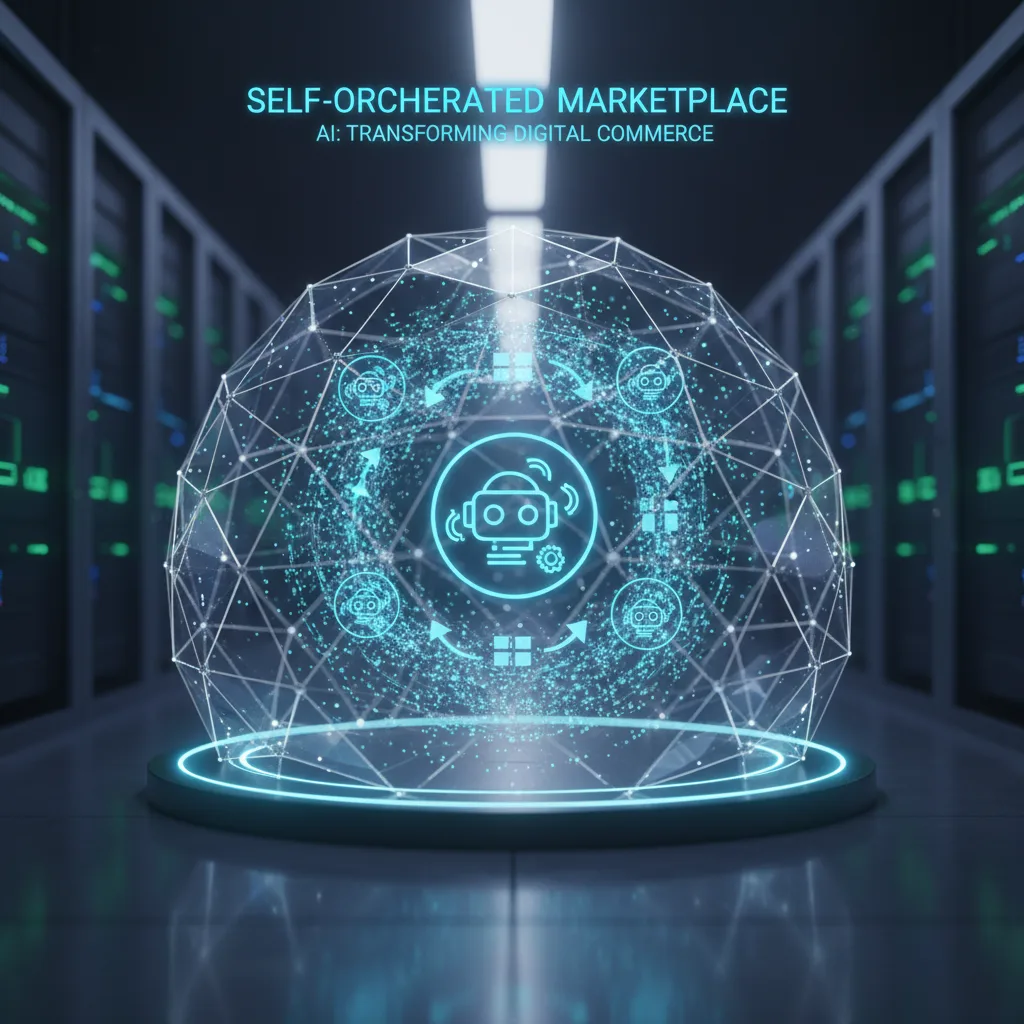 Konzeptionelle 3D-Illustration von smarten Systemen und Daten, die den agentischer Commerce darstellen.