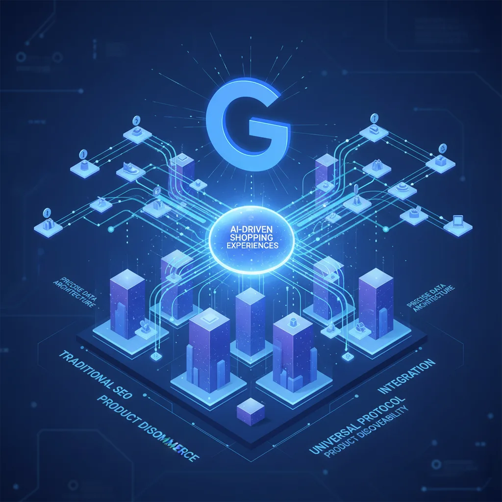 Dynamische isometrische 3D-Darstellung der Daten-Integration für Google Universal Commerce Protokoll E-Commerce SEO.