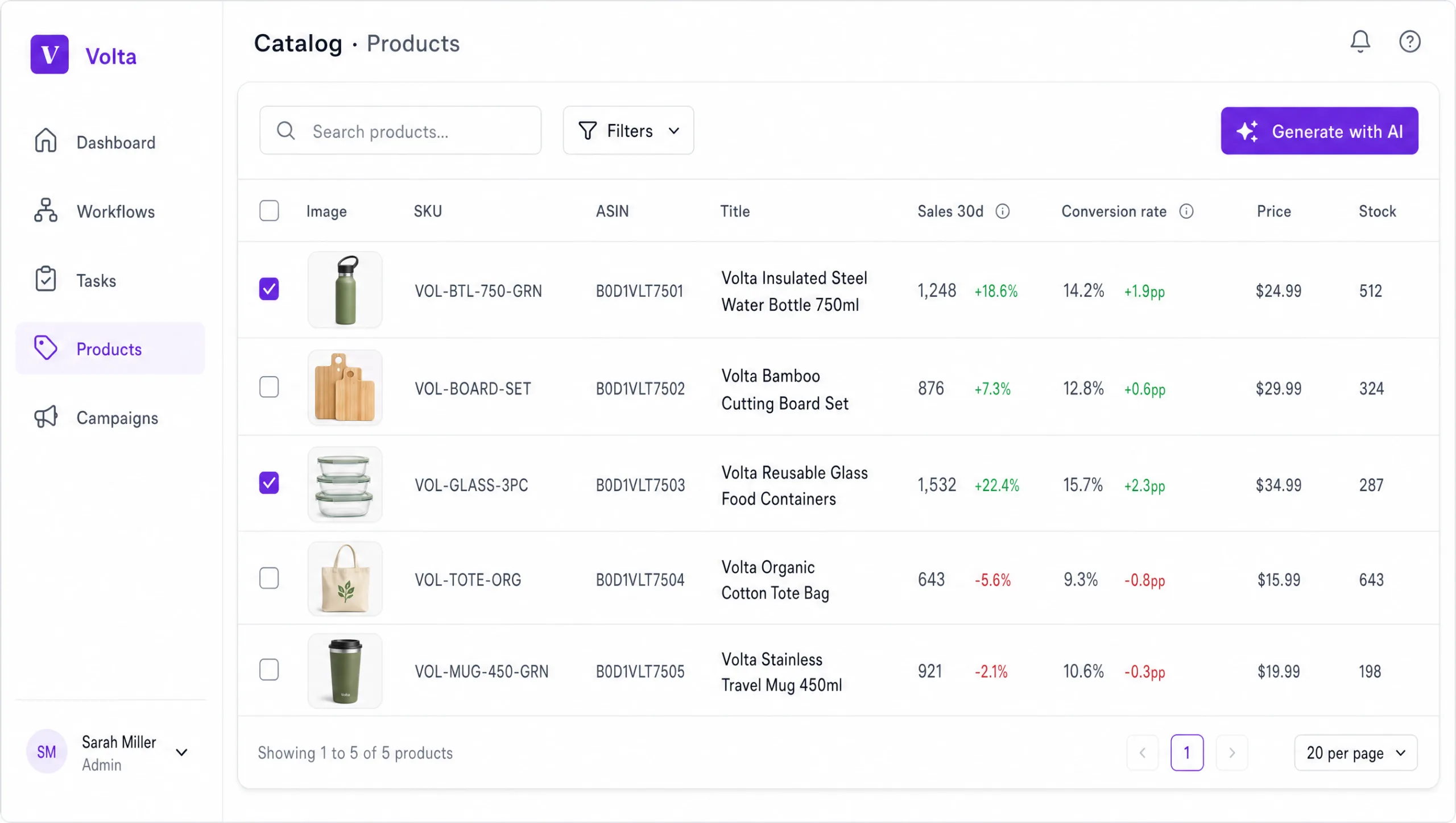 Dashboard del catalogo di Epinium che mostra il pulsante di ottimizzazione massiva con IA per i listing Amazon