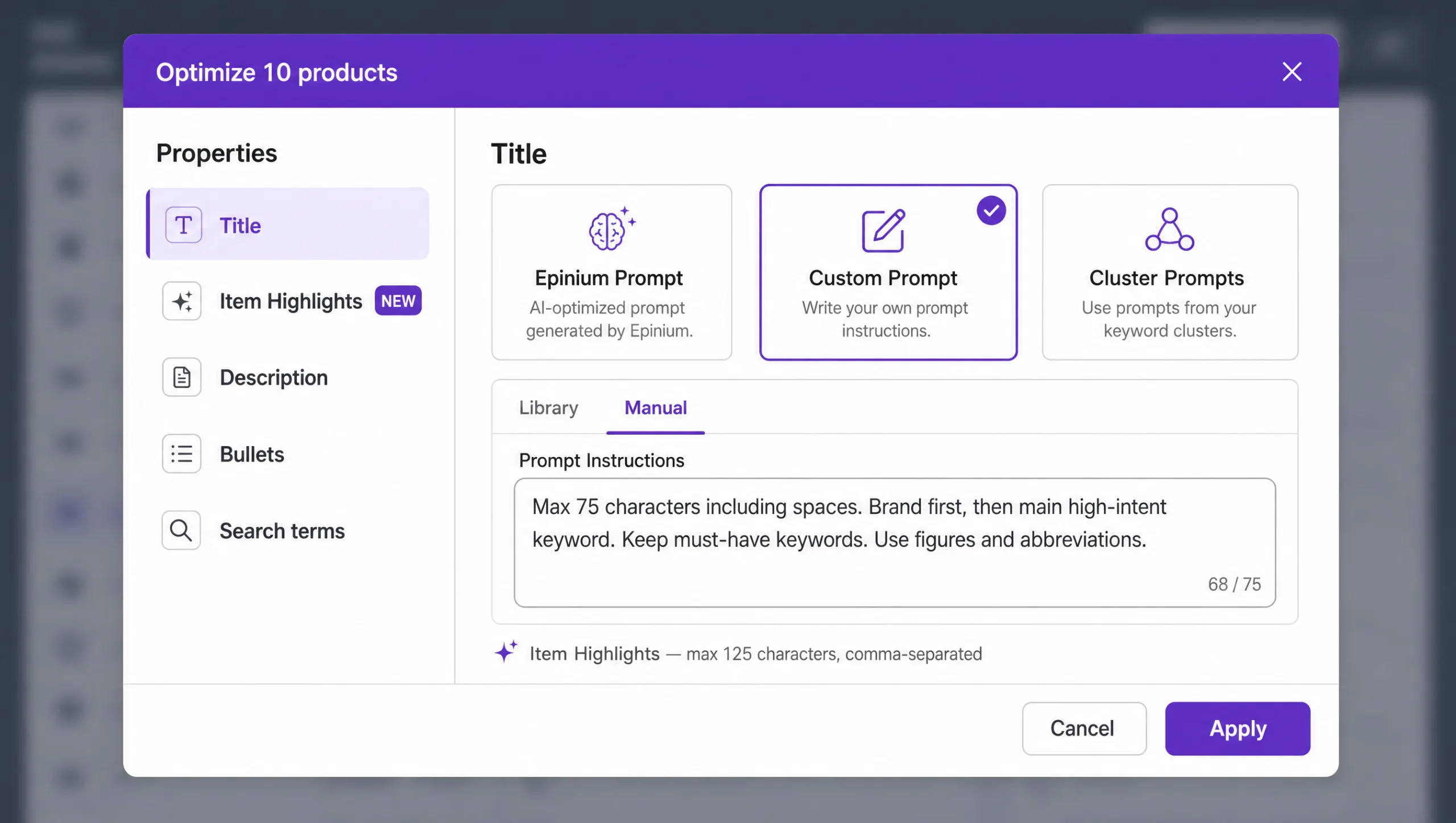 Finestra di configurazione dell'ottimizzazione con IA di Epinium per generare il titolo e gli Item Highlights di un prodotto Amazon